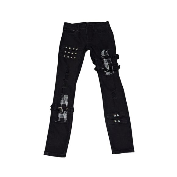 Social Collision Black White Plaid Patch Stinger Jeans Skinny Grunge Hot Topic - Picture 1 of 5